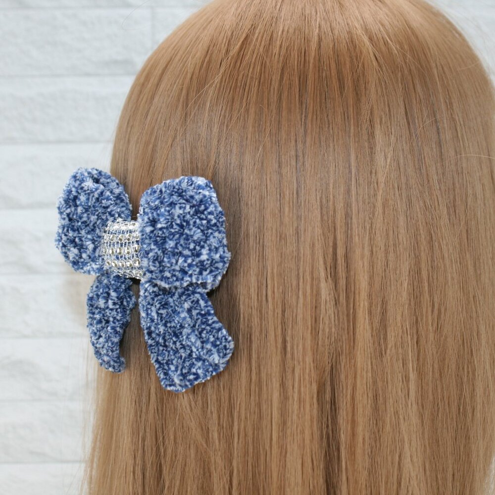 HAND CRAFTED Crochet Bow Chenille Velvet Hair Barrette Oversized Bling Blue - Picture 4 of 14